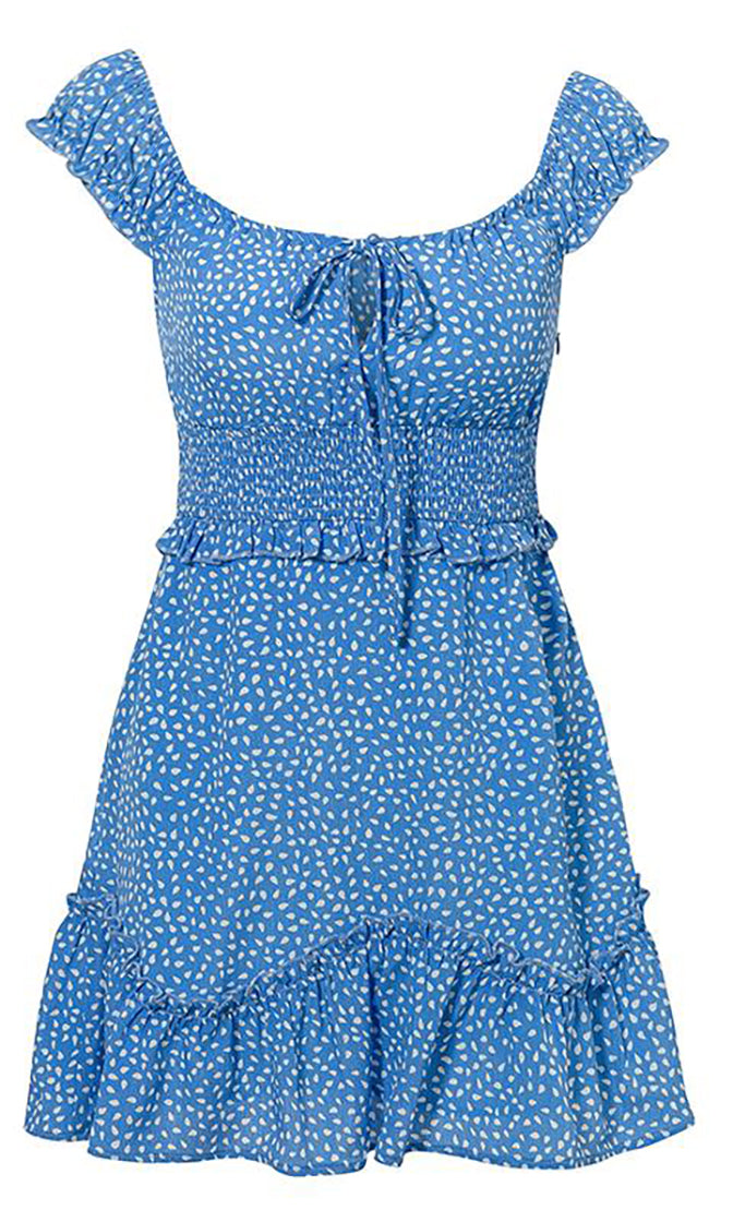 Dotty | Schulterfreies Minikleid mit Punktemuster und Rüschen