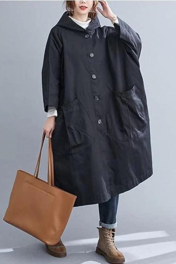 Selinde | Damen Schwarze Einheitsgröße Oversized Regenjacke mit Kapuze, Knöpfen und Großen Taschen