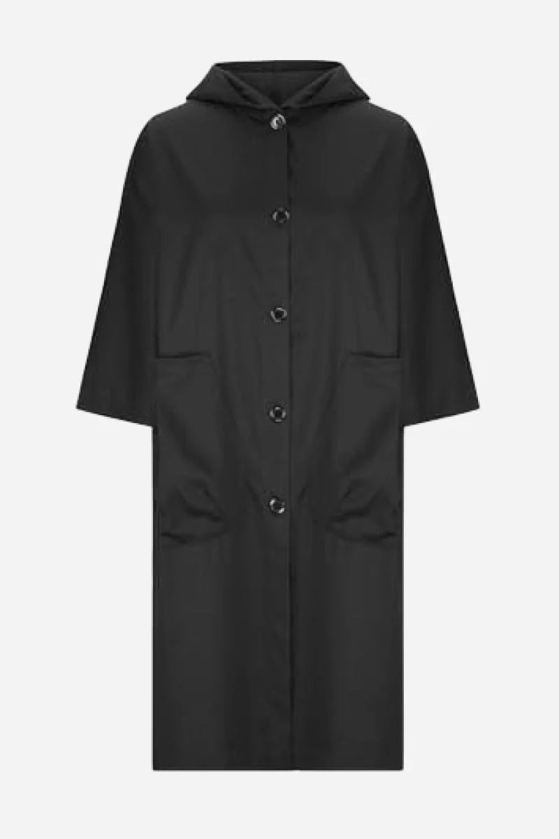 Selinde | Damen Schwarze Einheitsgröße Oversized Regenjacke mit Kapuze, Knöpfen und Großen Taschen