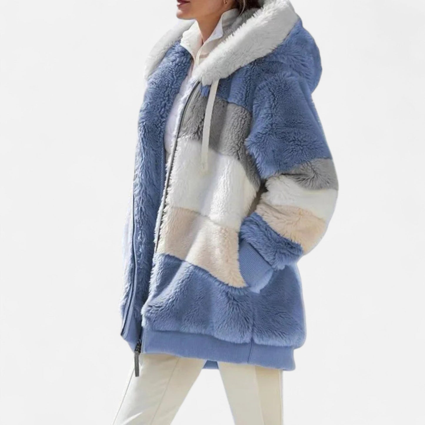 Erika | Damen Oversized Jacke mit Kapuze – Gestreifte Soft-Jacke mit Reißverschluss & Kordelzug für Herbst & Winter Eleganz