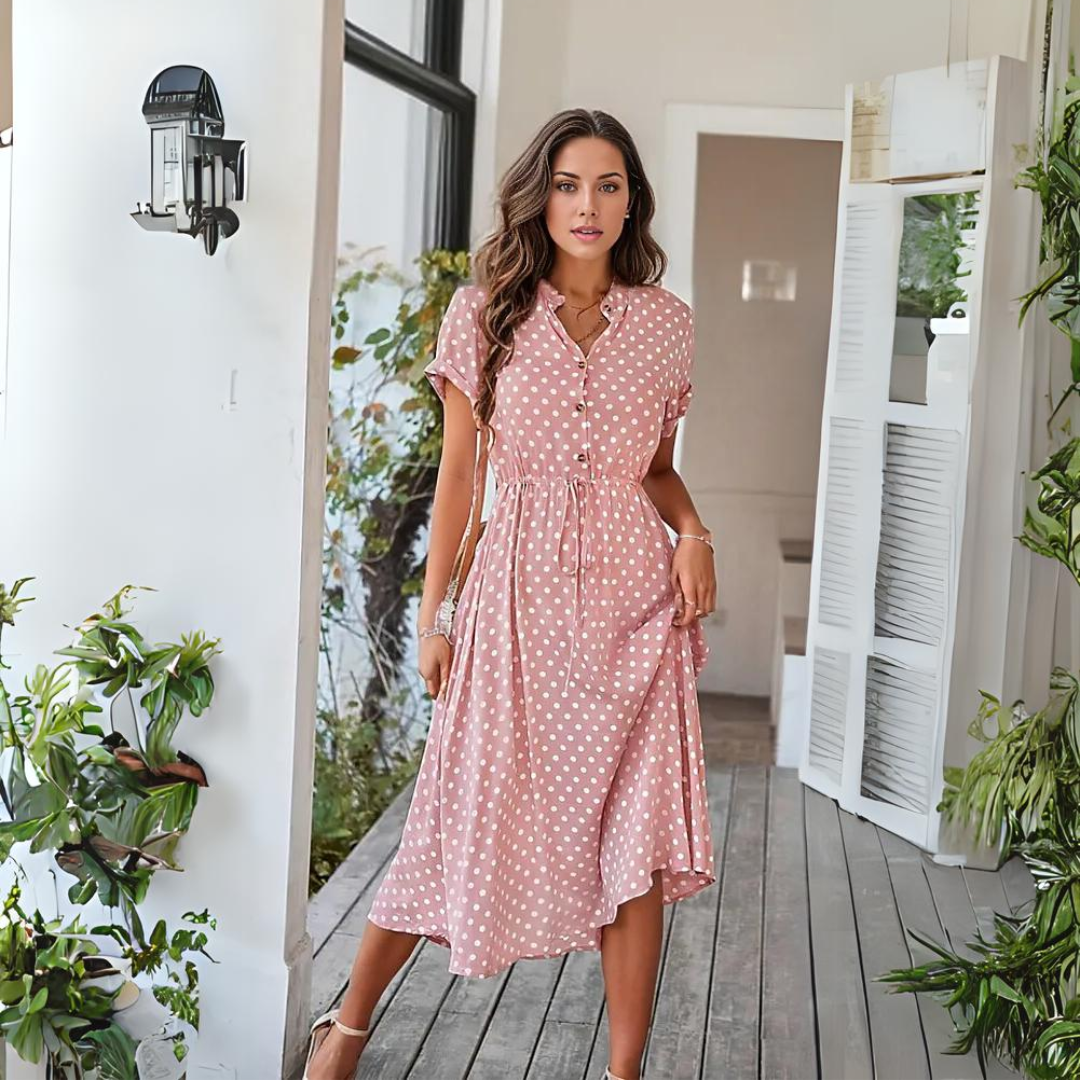 Natalie | Polka Dot Kleid mit Kordelzug und Knopfleiste