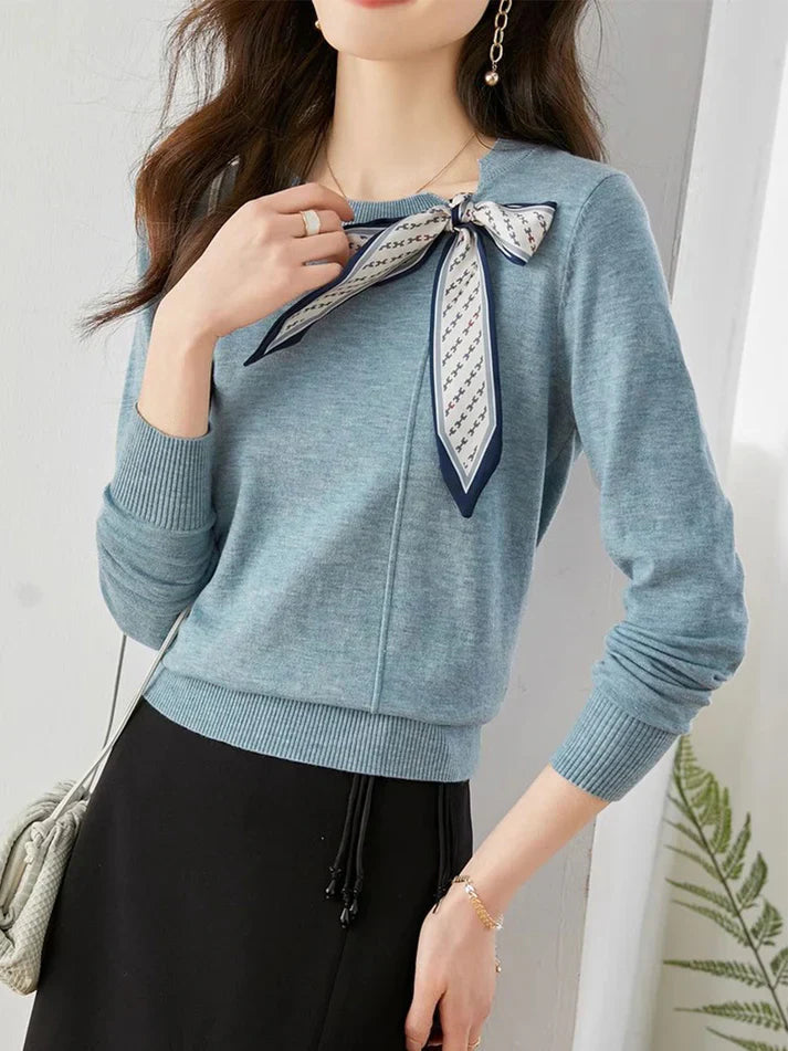 Heike | Damen Strickpullover mit Stilvollem Seidentuch-Bow Tie am Hals