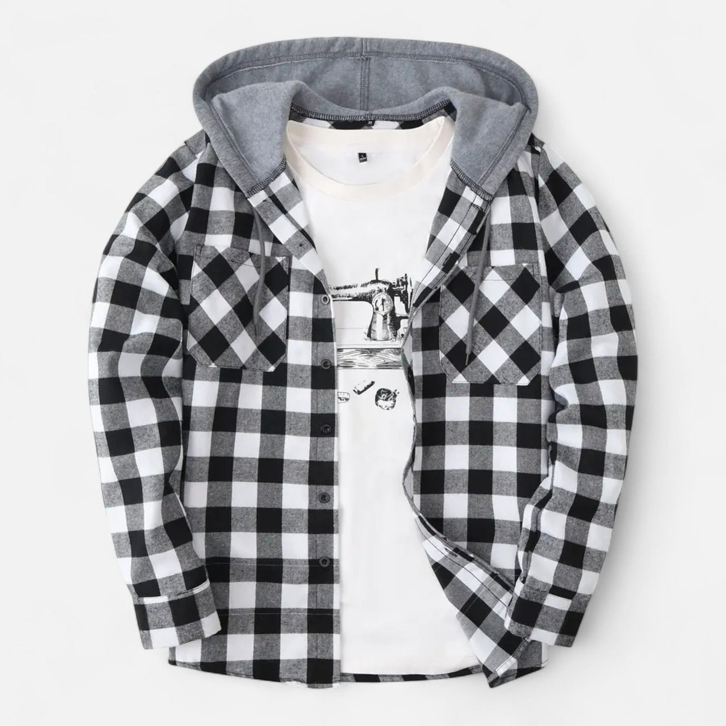 Sven | Herren Kariertes Button-Up Hoodie-Hemd – Weiche Übergangsjacke mit Kapuze & Kordelzug für Freizeit & Alltag