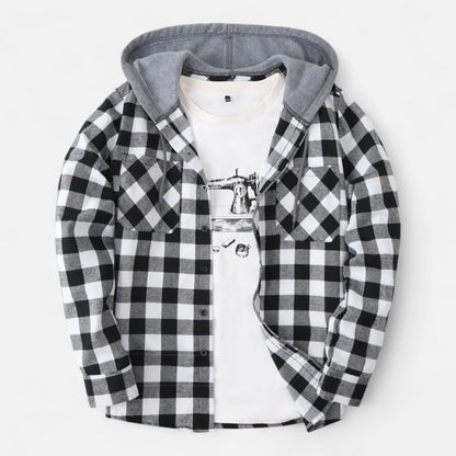 Sven | Herren Kariertes Button-Up Hoodie-Hemd – Weiche Übergangsjacke mit Kapuze & Kordelzug für Freizeit & Alltag