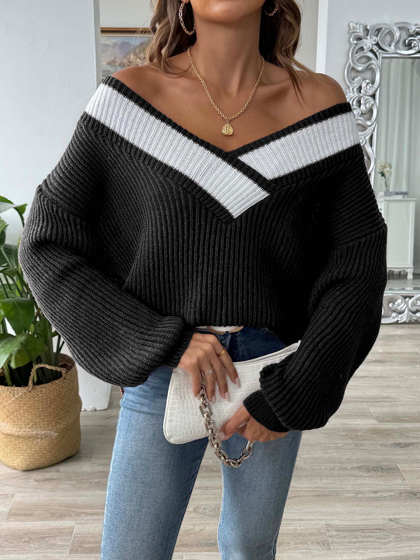 Kerstin | Damen Zwei-Ton V-Ausschnitt Strickpullover mit Drop-Shoulder