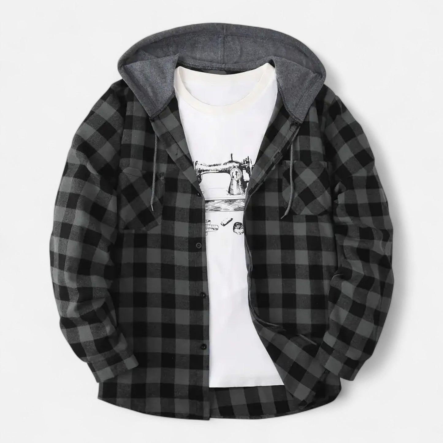 Sven | Herren Kariertes Button-Up Hoodie-Hemd – Weiche Übergangsjacke mit Kapuze & Kordelzug für Freizeit & Alltag