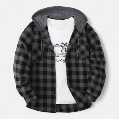 Sven | Herren Kariertes Button-Up Hoodie-Hemd – Weiche Übergangsjacke mit Kapuze & Kordelzug für Freizeit & Alltag