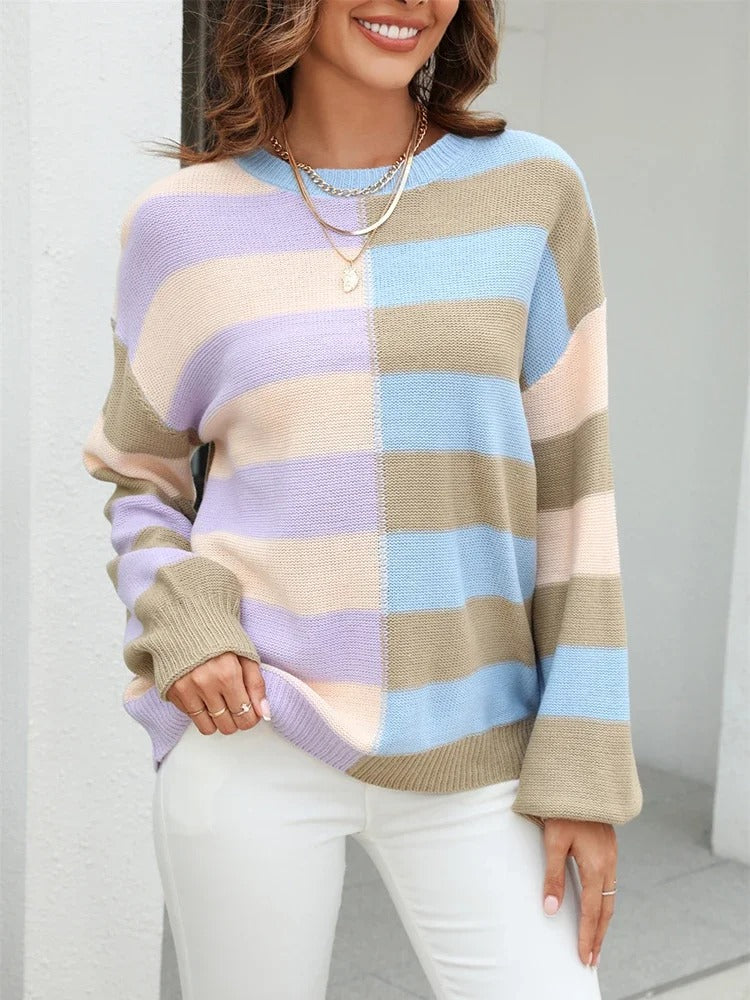 Octaevia | Damen Multicolor Color-Block Rundhals Strickpullover – Modern und Bequem für den Winter