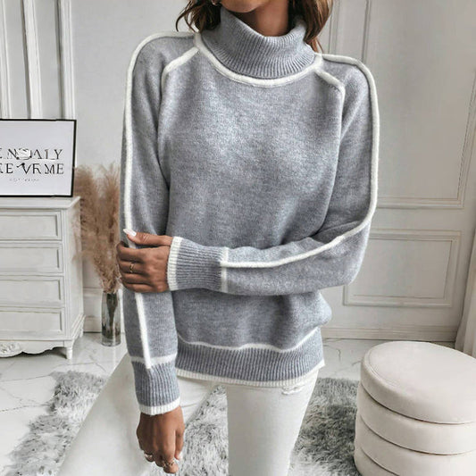 Rosalinda | Damen Turtleneck Pullover mit weißen Akzenten – Solide Strickfarbe für gemütliche Tage