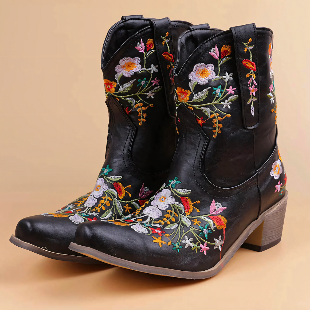 Sheila | Damen Cowboy Boots mit Blumenmuster & Blockabsatz – Vintage Western Look