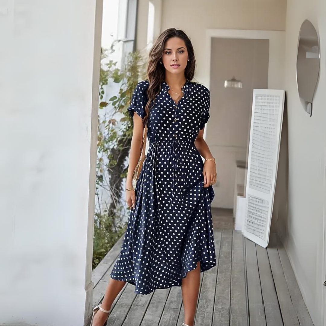 Natalie | Polka Dot Kleid mit Kordelzug und Knopfleiste