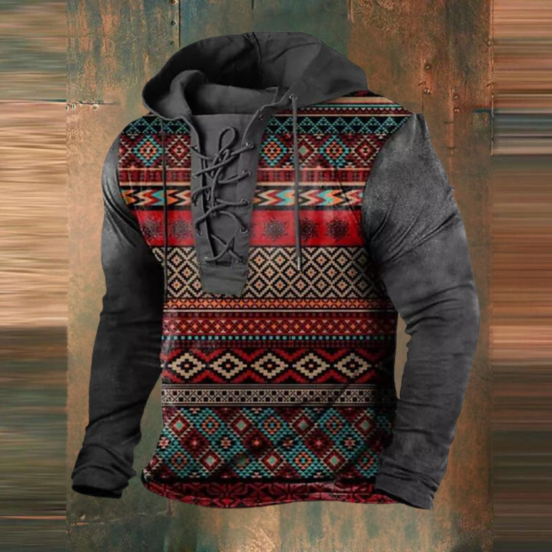 Dirken | Herren Vintage Tribal Print Sweater mit Kapuze und Tunnelzug