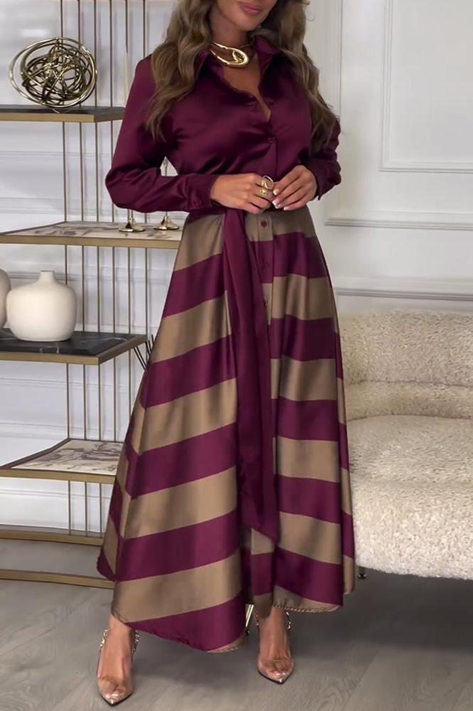 Chrysella | Damen Buttoned V-Ausschnitt Maxi-Kleid mit Gürtel und Stilvollen Streifen