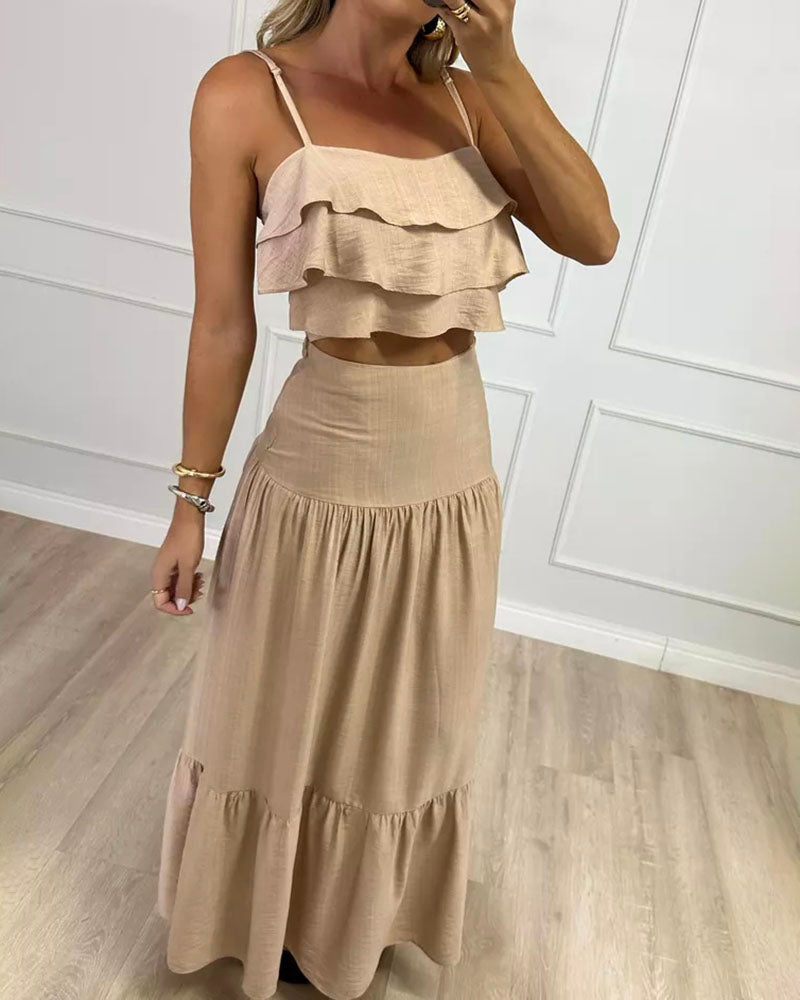 Yevora Khaki Crop Top Mit Spaghettiträgern Und Rüschen And Langer Rock