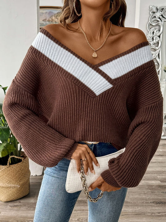 Kerstin | Damen Zwei-Ton V-Ausschnitt Strickpullover mit Drop-Shoulder