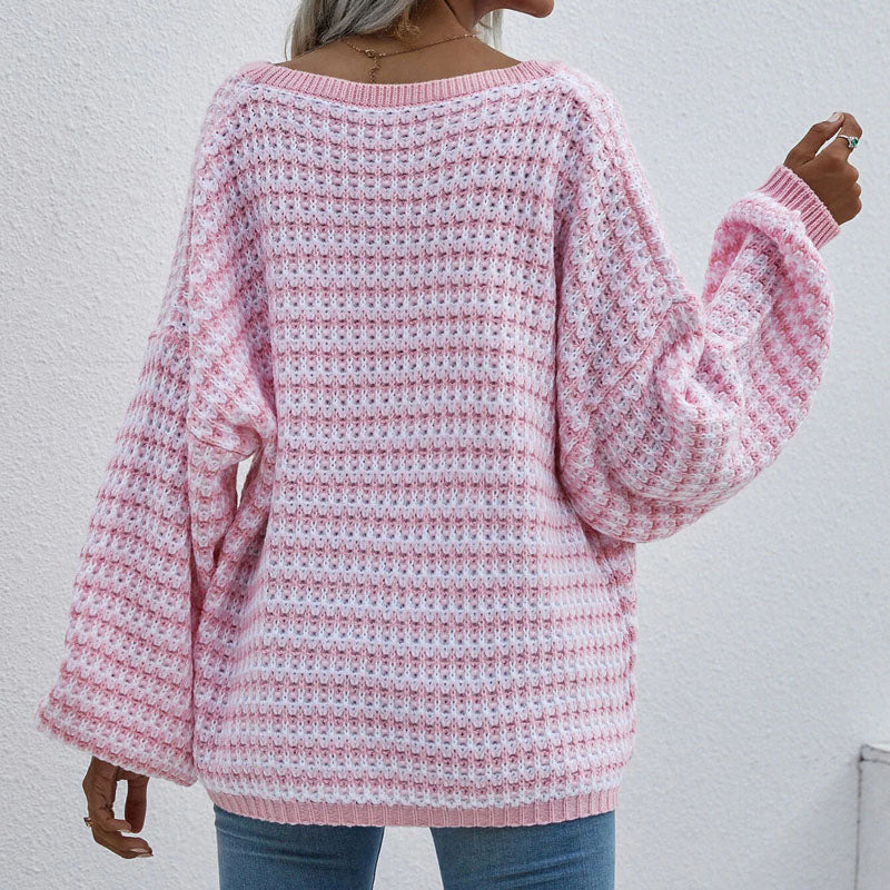 Dory | Zweifarbiger Strickpullover mit tiefem Ausschnitt & Ballonärmeln – Lässig & stilvoll