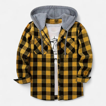 Sven | Herren Kariertes Button-Up Hoodie-Hemd – Weiche Übergangsjacke mit Kapuze & Kordelzug für Freizeit & Alltag