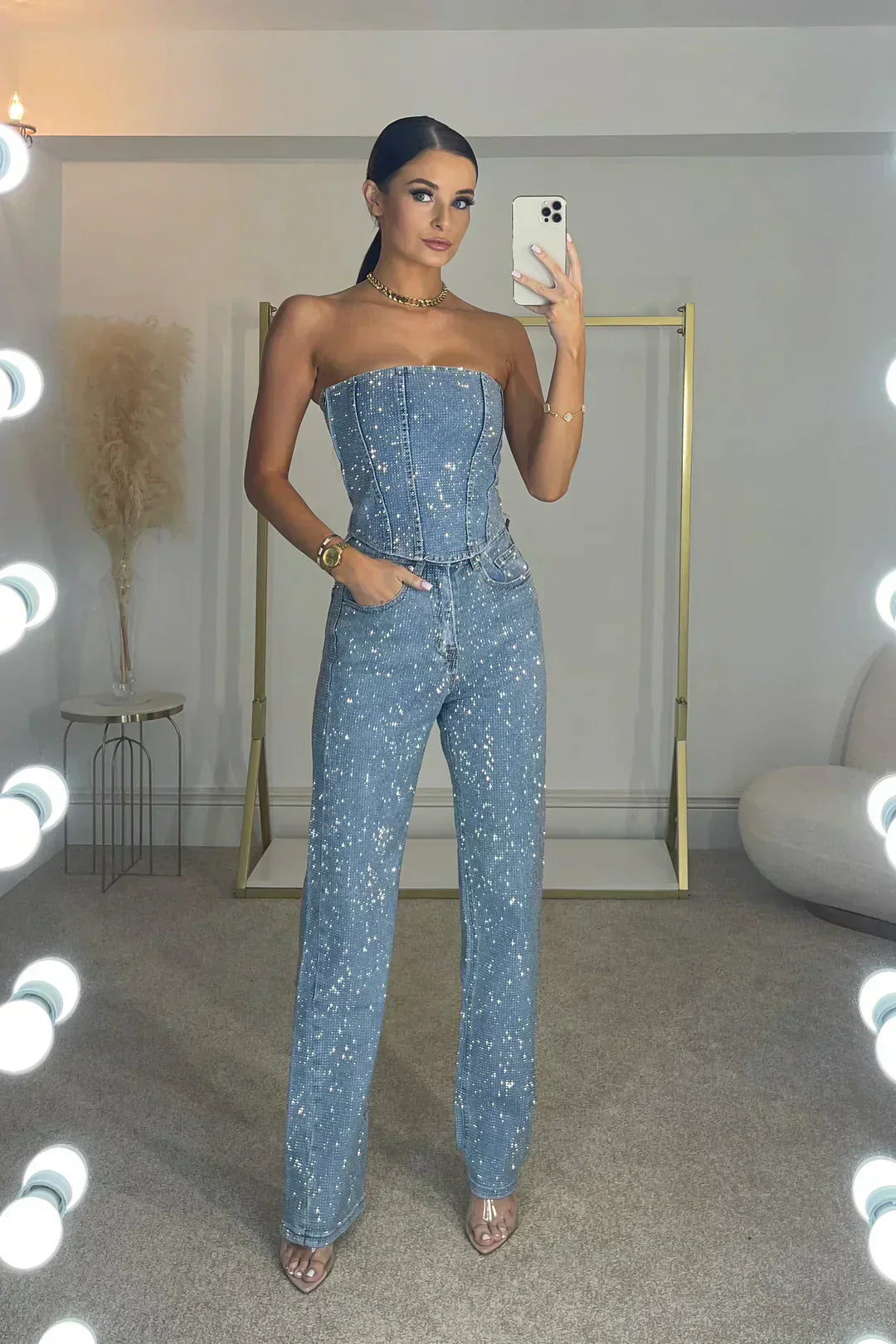 Trägerloser Damen Jumpsuit | Eleganter Glitzer-Look für besondere Anlässe
