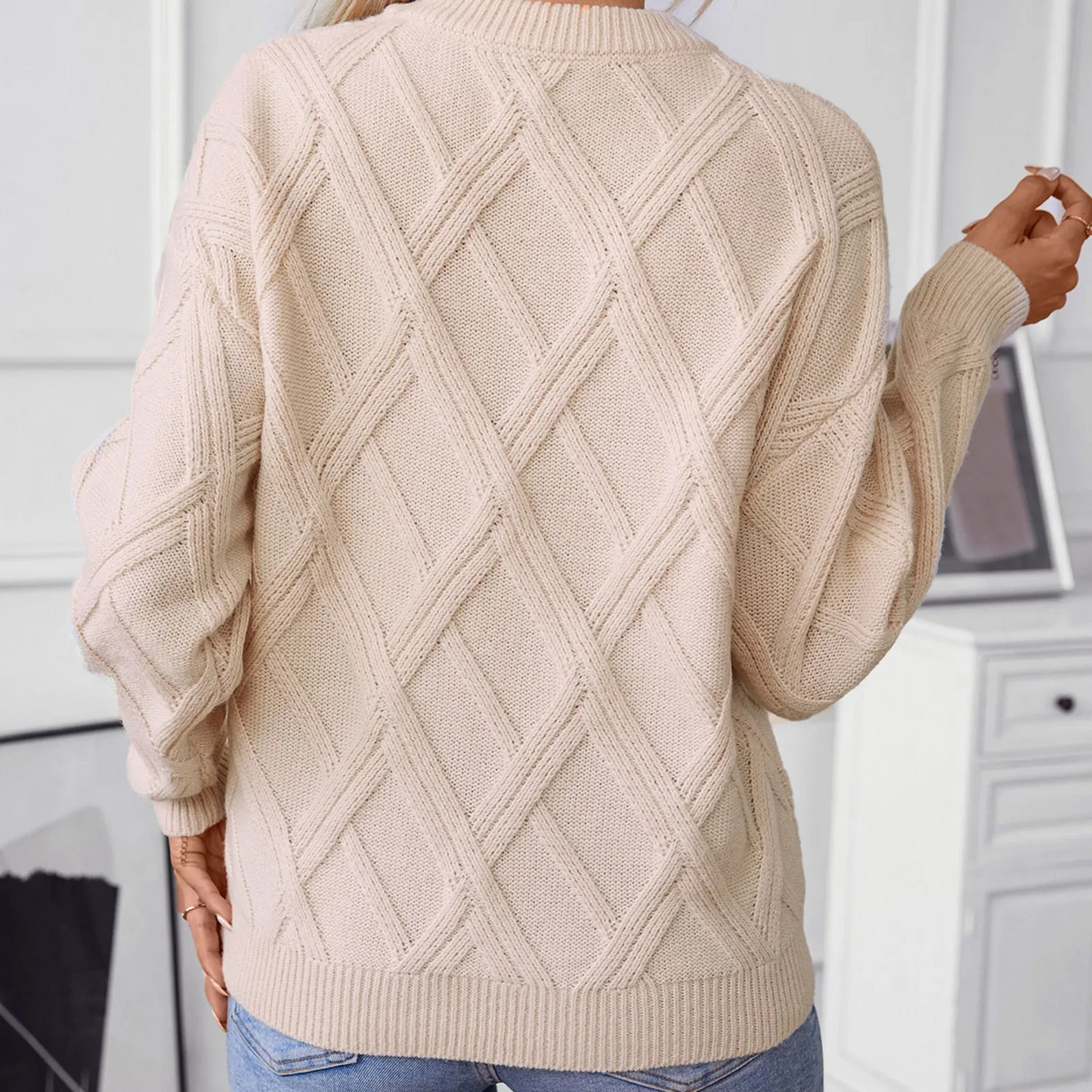 Enrika | Damen Rundhals Strickpullover mit Diamantmuster und Lockerer Passform