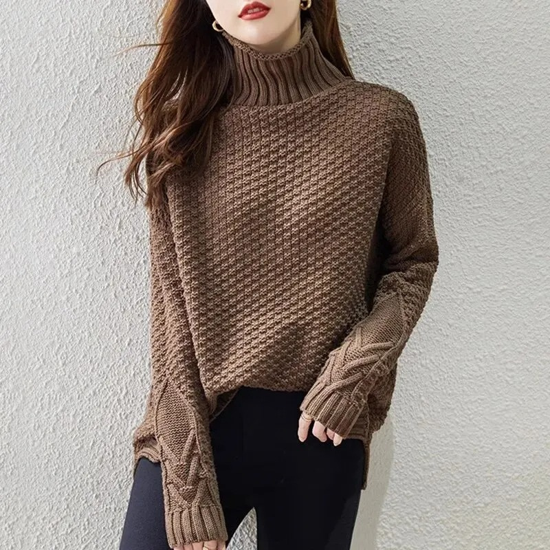 Xandra | Damen Turtleneck Pullover mit Struktur und Kabelstrickärmeln