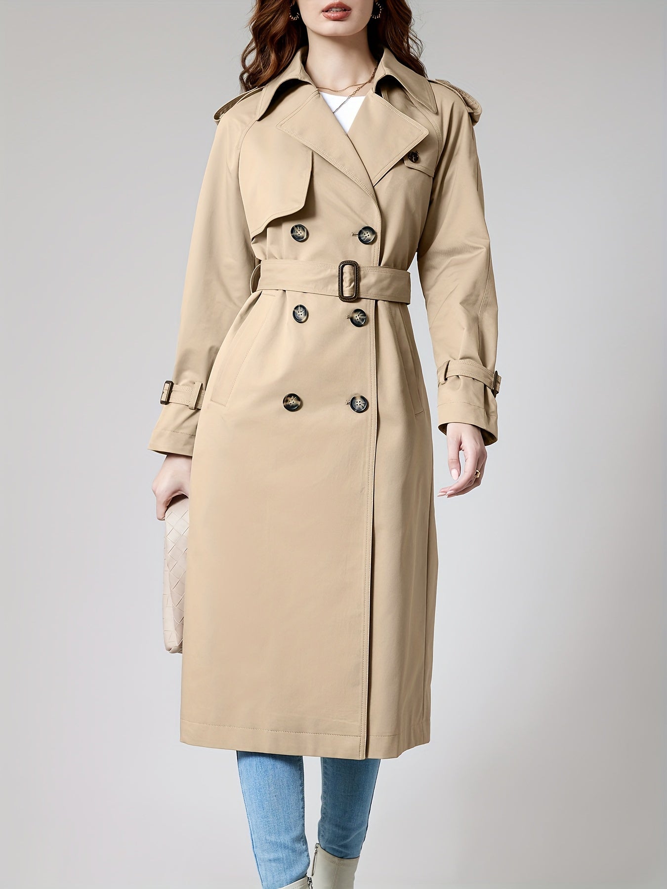 Coletta | Damen Lange Doppelknopf-Trenchcoat mit Gürtel – Klassisch Taillierte Passform