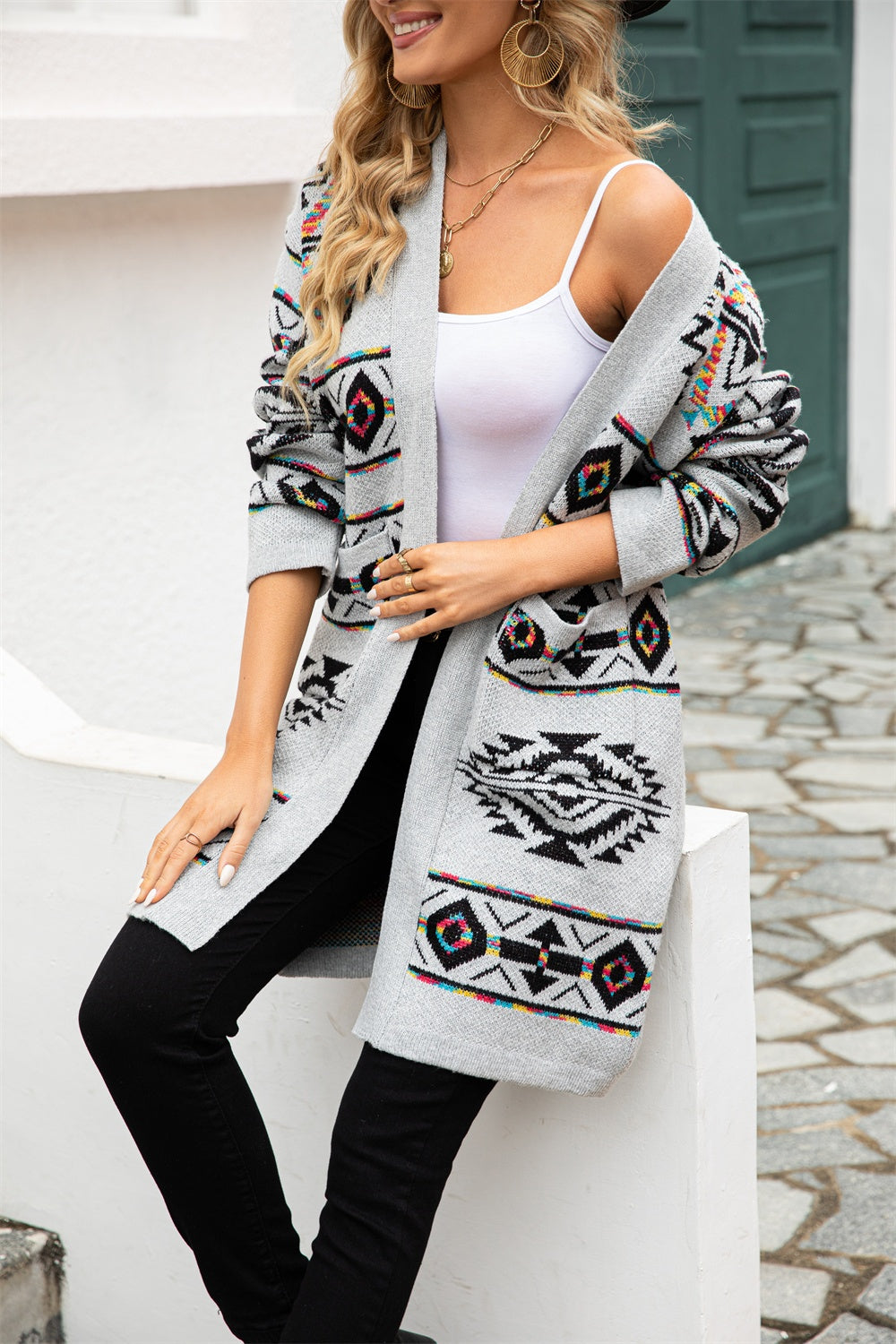 Felindra | Damen Langer Strick-Cardigan mit Ethno-Muster