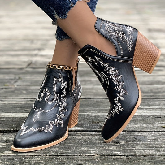 Estika | Damen Westernstiefel mit Blockabsatz und Retro-Stickerei