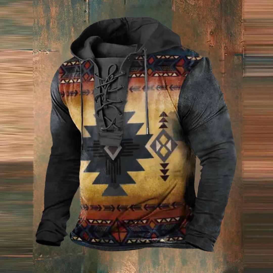 Dirken | Herren Vintage Tribal Print Sweater mit Kapuze und Tunnelzug