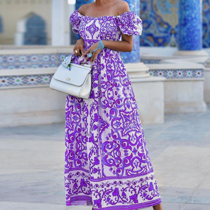 Elonda | Schulterfreies Puffärmel Boho-Kleid mit Muster