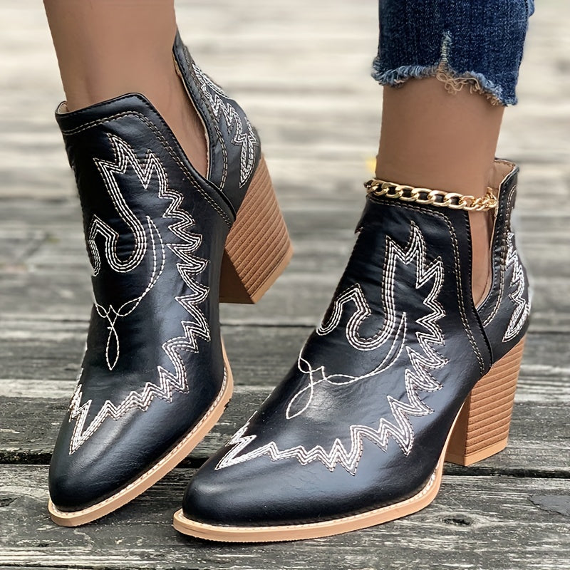 Estika | Damen Westernstiefel mit Blockabsatz und Retro-Stickerei