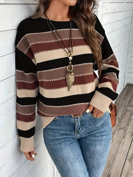 Jacky | Damen Multicolor Streifen Strickpullover mit Rundhalsausschnitt – Bequemer Pullover für kühle Tage