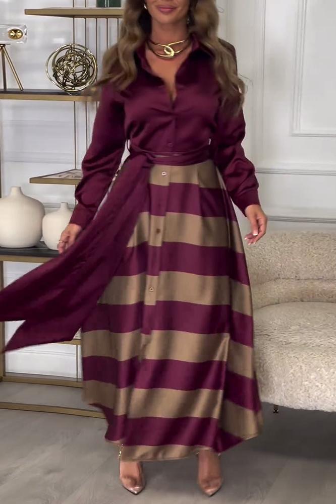 Chrysella | Damen Buttoned V-Ausschnitt Maxi-Kleid mit Gürtel und Stilvollen Streifen