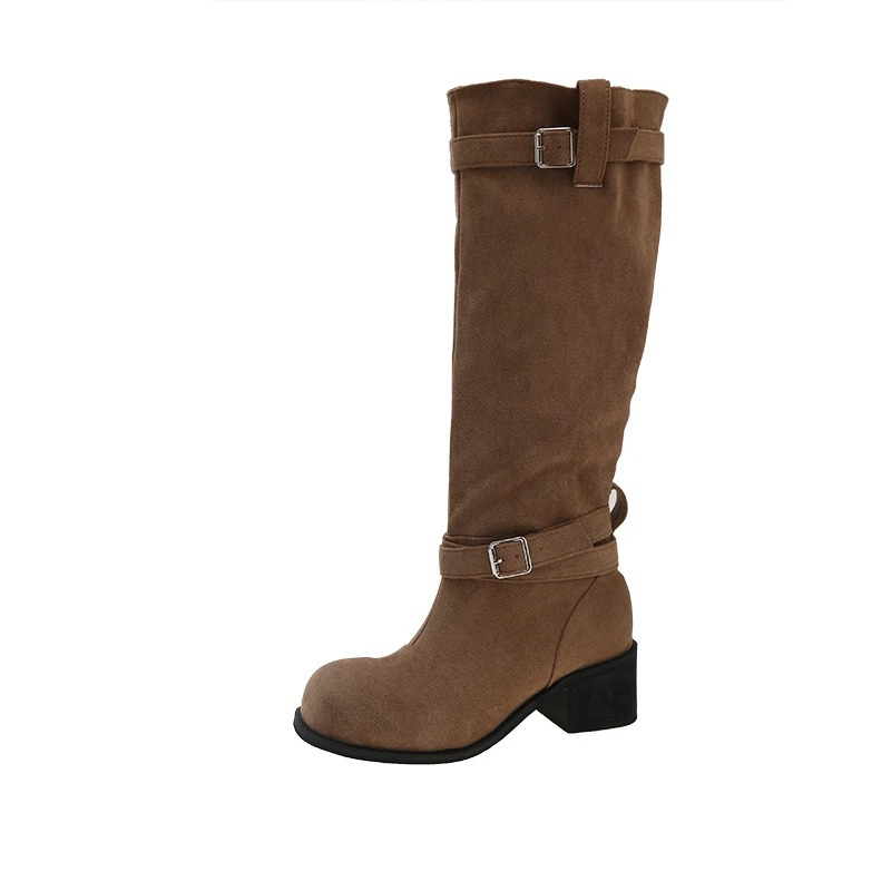 Annelien | Damen Stiefel mit Blockabsatz und Schnallenriemen, Suede, Kniehoch, Braun