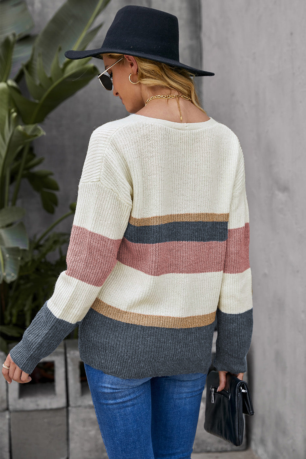 Ricelda | Damen Strickpullover mit V-Ausschnitt und Blockstreifen