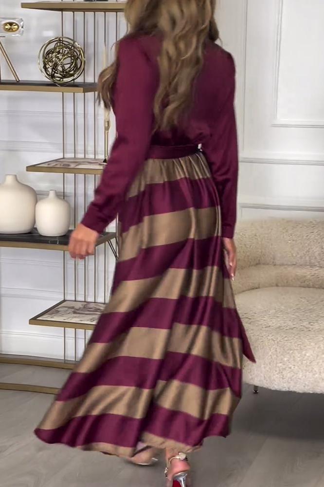 Chrysella | Damen Buttoned V-Ausschnitt Maxi-Kleid mit Gürtel und Stilvollen Streifen