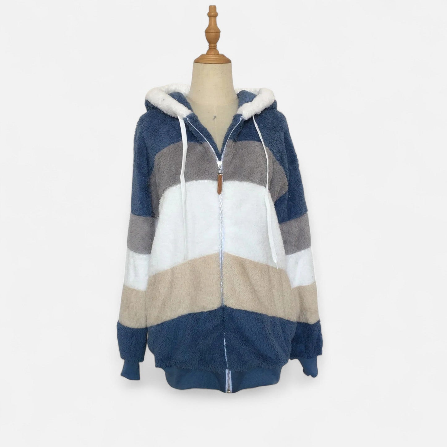 Erika | Damen Oversized Jacke mit Kapuze – Gestreifte Soft-Jacke mit Reißverschluss & Kordelzug für Herbst & Winter Eleganz