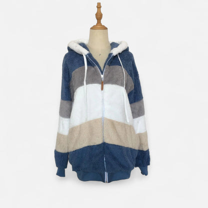 Erika | Damen Oversized Jacke mit Kapuze – Gestreifte Soft-Jacke mit Reißverschluss & Kordelzug für Herbst & Winter Eleganz