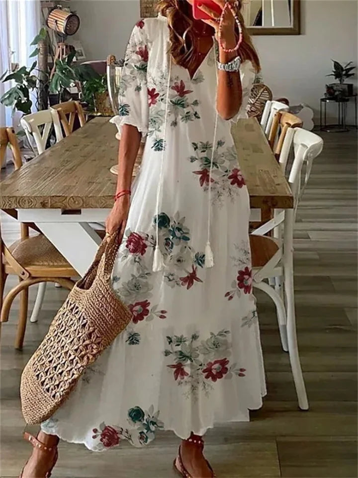 Odalys | Boho Maxi-Kleid mit V-Ausschnitt & langen Ärmeln – Luftig, fließend & perfekt für den Sommer