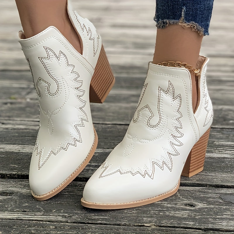 Estika | Damen Westernstiefel mit Blockabsatz und Retro-Stickerei