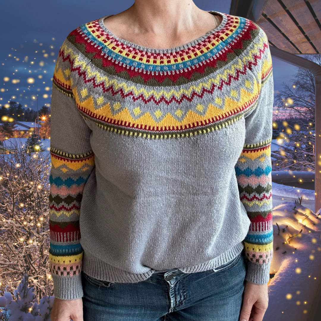 Pilora | Vintage-Grauer Pullover mit buntem Tribal-Muster