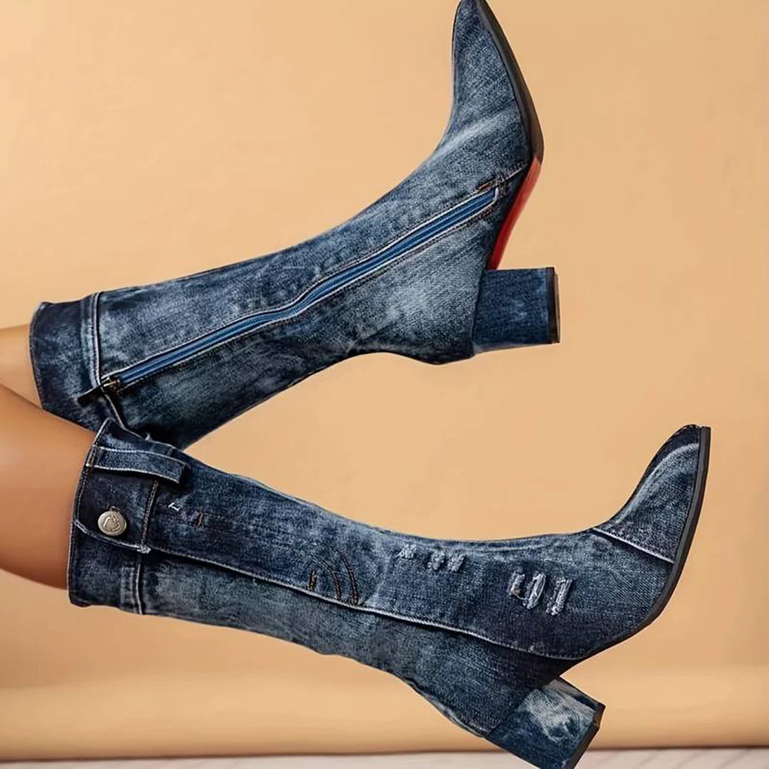 Callie | Damen Blockabsatz Stiefel mit Reißverschluss in der Mitte der Wade aus Denim