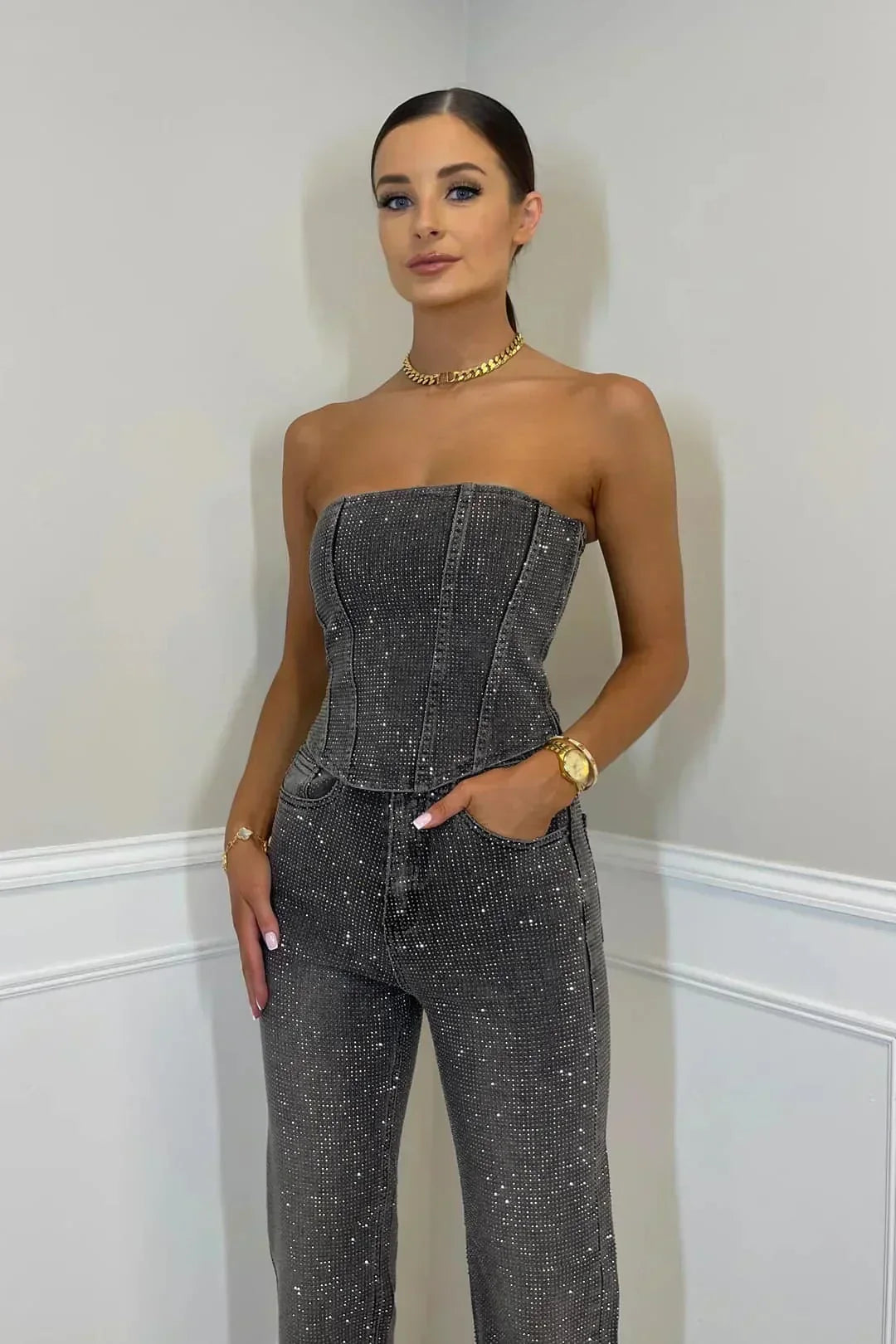 Trägerloser Damen Jumpsuit | Eleganter Glitzer-Look für besondere Anlässe