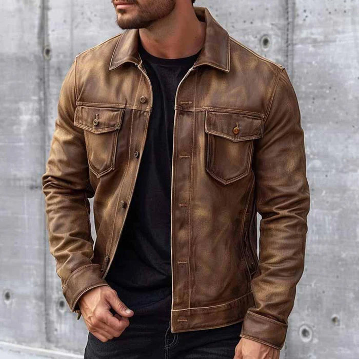 Michael | Herren Vintage Lederlook Jacke in Braun mit Knöpfen, Zeitlosem Stil & Langlebigem Design