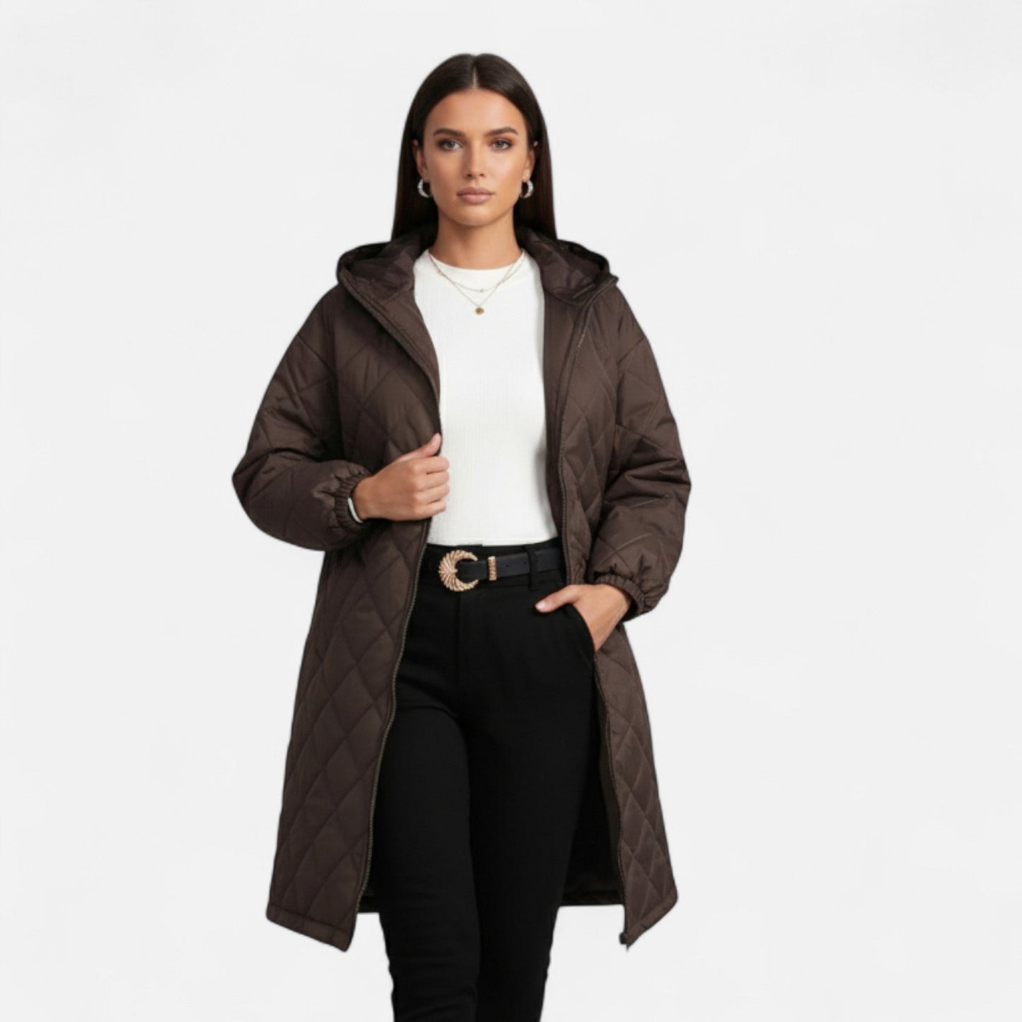 Erna | Damen Steppjacke mit Kapuze – Langer Mantel mit Reißverschluss für Herbst & Winter Eleganz