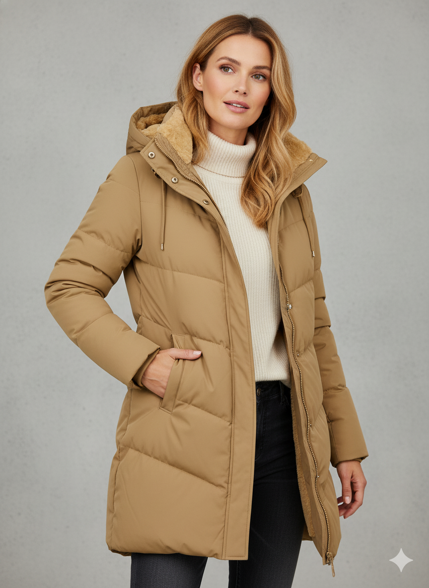 Hertha | Damen Wintermantel mit Kapuze & Reißverschluss – Gefütterter Steppmantel mit Fleece-Innenfutter, Elegant & Warm für Alltag & Outdoor