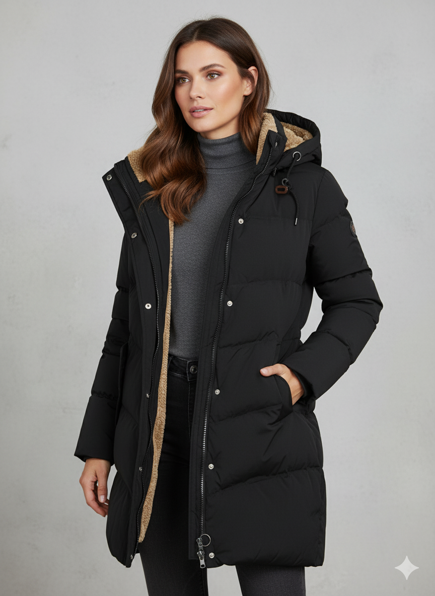 Hertha | Damen Wintermantel mit Kapuze & Reißverschluss – Gefütterter Steppmantel mit Fleece-Innenfutter, Elegant & Warm für Alltag & Outdoor