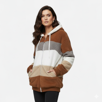 Erika | Damen Oversized Jacke mit Kapuze – Gestreifte Soft-Jacke mit Reißverschluss & Kordelzug für Herbst & Winter Eleganz