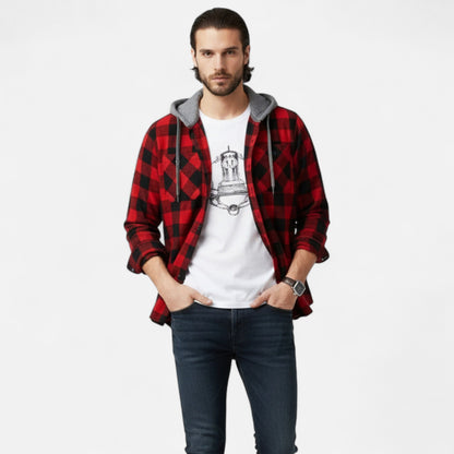 Sven | Herren Kariertes Button-Up Hoodie-Hemd – Weiche Übergangsjacke mit Kapuze & Kordelzug für Freizeit & Alltag