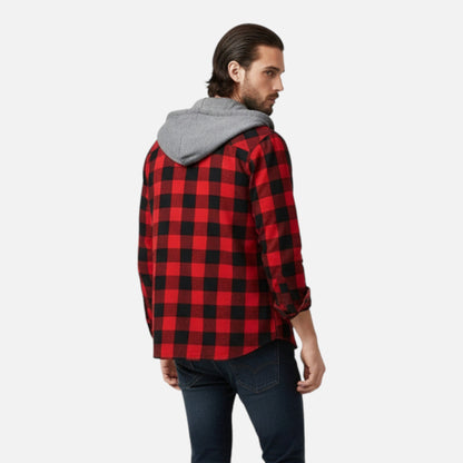 Sven | Herren Kariertes Button-Up Hoodie-Hemd – Weiche Übergangsjacke mit Kapuze & Kordelzug für Freizeit & Alltag