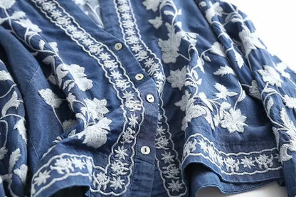 Livia | Boho Vintage Denim Baumwoll-Cardigan mit Blumenstickerei